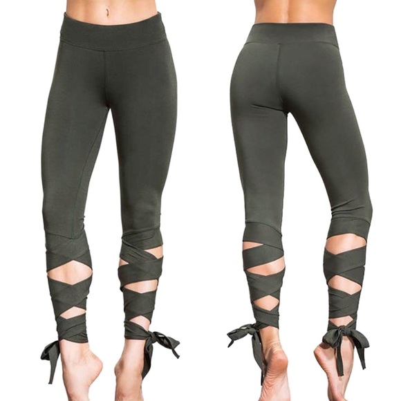 Soft Olive Boho Wrap Tie Ballet Yoga Fitness Tight - Picture 2 of 2